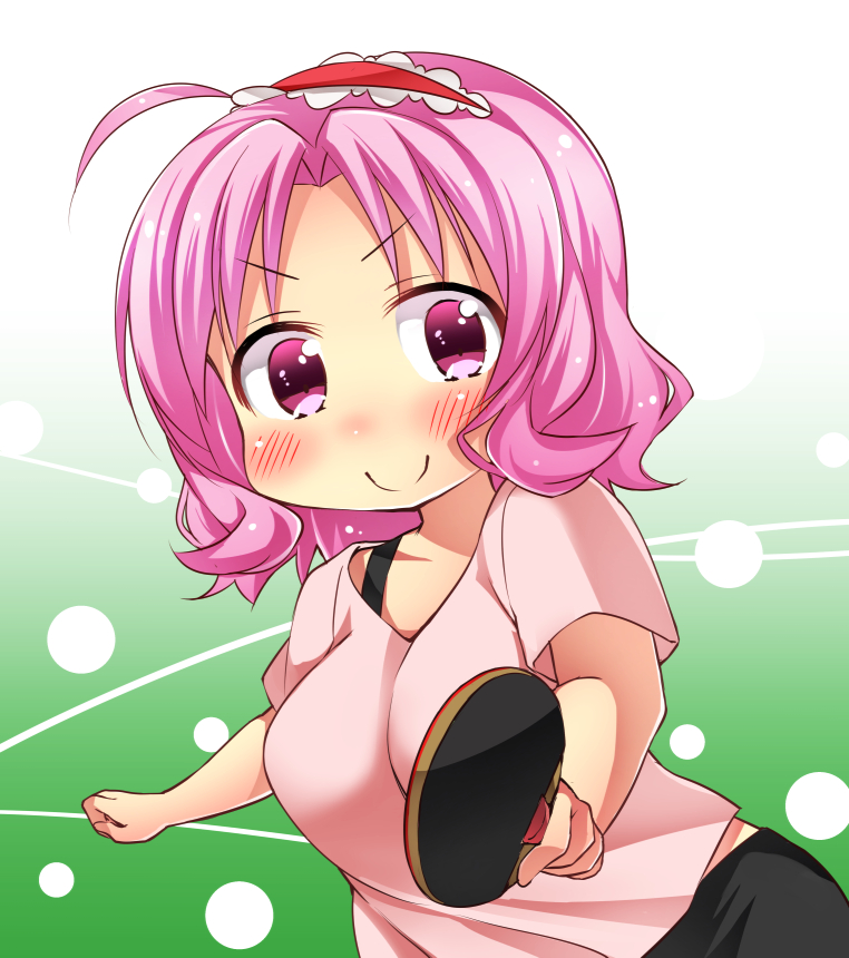 &gt;:) ahoge blush breasts chibi hairband oomune_mune paddle pink_eyes pink_hair shakunetsu_no_takkyu_musume short_hair sk02 smile table_tennis_paddle v-neck