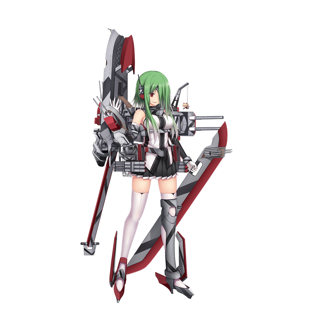 1girl admiral_hipper_(zhan_jian_shao_nyu) aixioo belt black_skirt blade breasts cannon crane detached_sleeves full_body gloves glowworm_(zhan_jian_shao_nyu) green_hair hair_over_one_eye headgear holding holding_weapon lipstick machinery makeup official_art pleated_skirt red_eyes remodel_(zhan_jian_shao_nyu) rudder_shoes shirt skirt smile solo_focus standing thigh-highs torpedo transparent_background turret weapon white_gloves white_legwear white_shirt zettai_ryouiki zhan_jian_shao_nyu