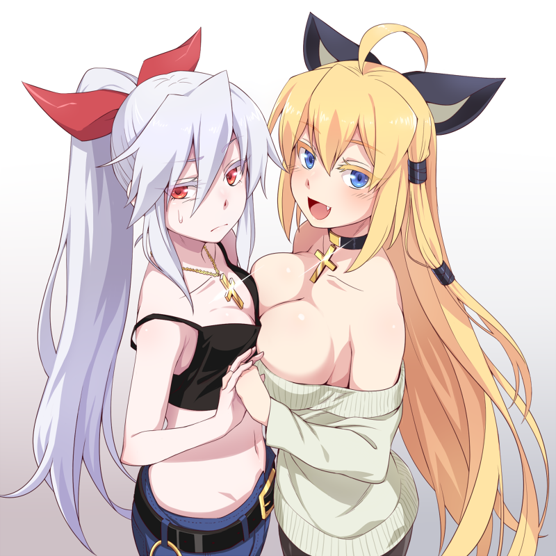 2girls :d ahoge asymmetrical_docking bare_shoulders blonde_hair blue_eyes borrowed_character bow breast_conscious breast_press breasts camisole choker cleavage cross cross_necklace fang glint gradient gradient_background hair_between_eyes hair_bow hair_tubes holding_hands interlocked_fingers jewelry large_breasts long_hair looking_at_viewer midriff multiple_girls navel necklace open_mouth ponytail red_eyes ryuusei_(ryuuseiseikou) silver_hair simple_background small_breasts smile strap_slip sweatdrop sweater very_long_hair