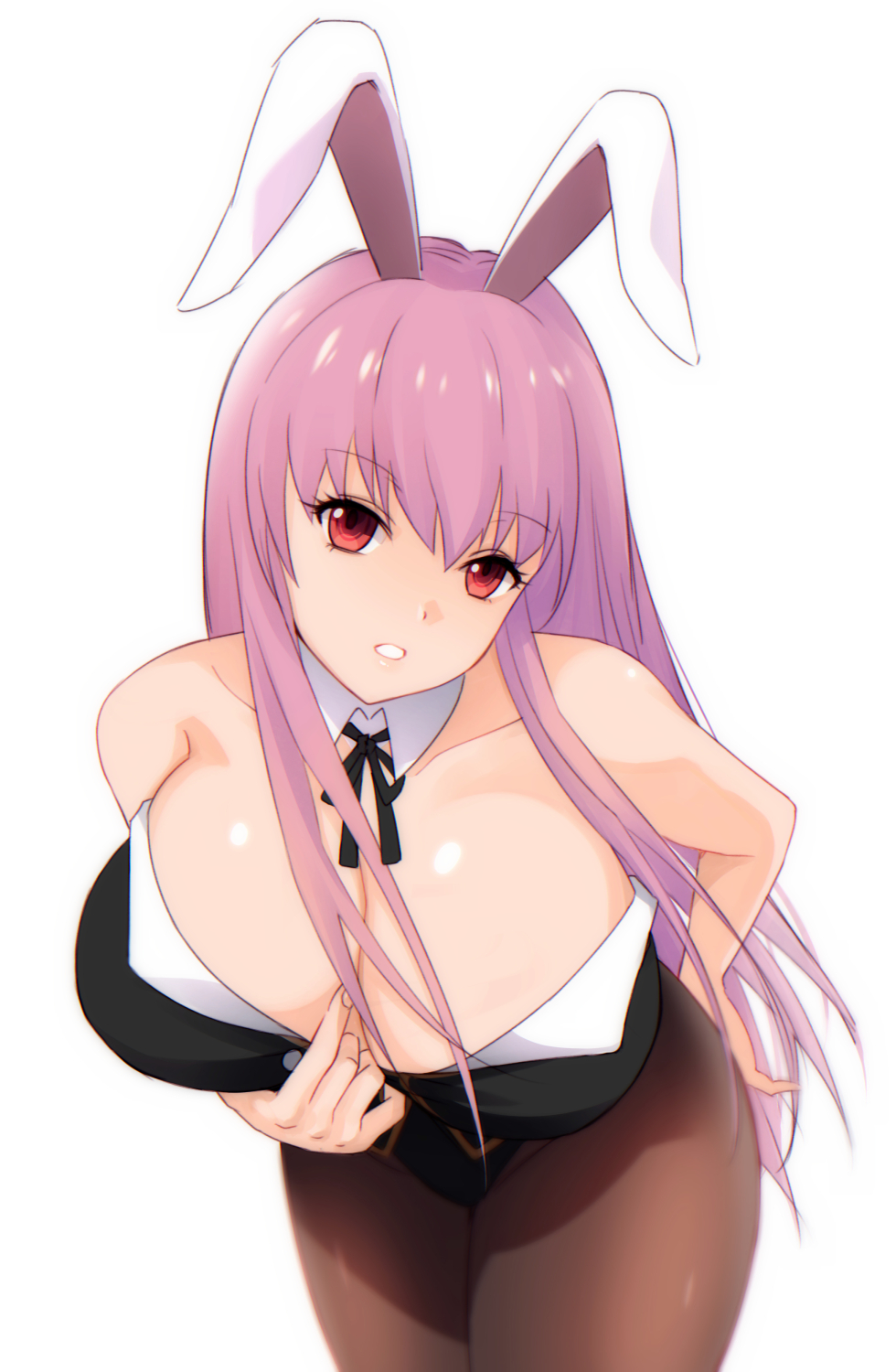 1girl alternate_costume animal_ears bare_arms bare_shoulders black_legwear black_leotard black_ribbon breasts bunny_girl bunnysuit cleavage collarbone cowboy_shot detached_collar hand_on_hip highleg highleg_leotard highres large_breasts leaning_forward leotard long_hair looking_at_viewer neck_ribbon open_mouth pantyhose purple_hair rabbit_ears red_eyes reisen_udongein_inaba ribbon sidelocks solo touhou very_long_hair white_background x&amp;x&amp;x