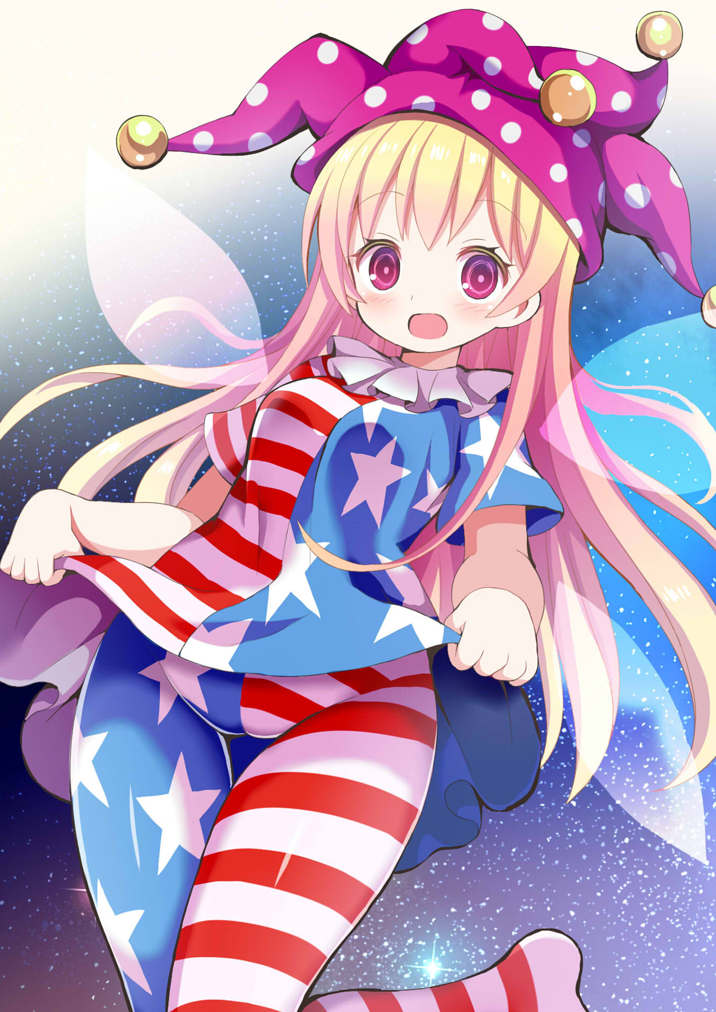 1girl american_flag_dress american_flag_legwear bangs blonde_hair blush clownpiece dress dress_lift fairy_wings givuchoko hat highres jester_cap lifted_by_self long_hair looking_at_viewer neck_ruff open_mouth pantyhose pink_eyes polka_dot short_dress short_sleeves sky smile solo star star_(sky) star_print starry_sky striped thigh_gap touhou wings