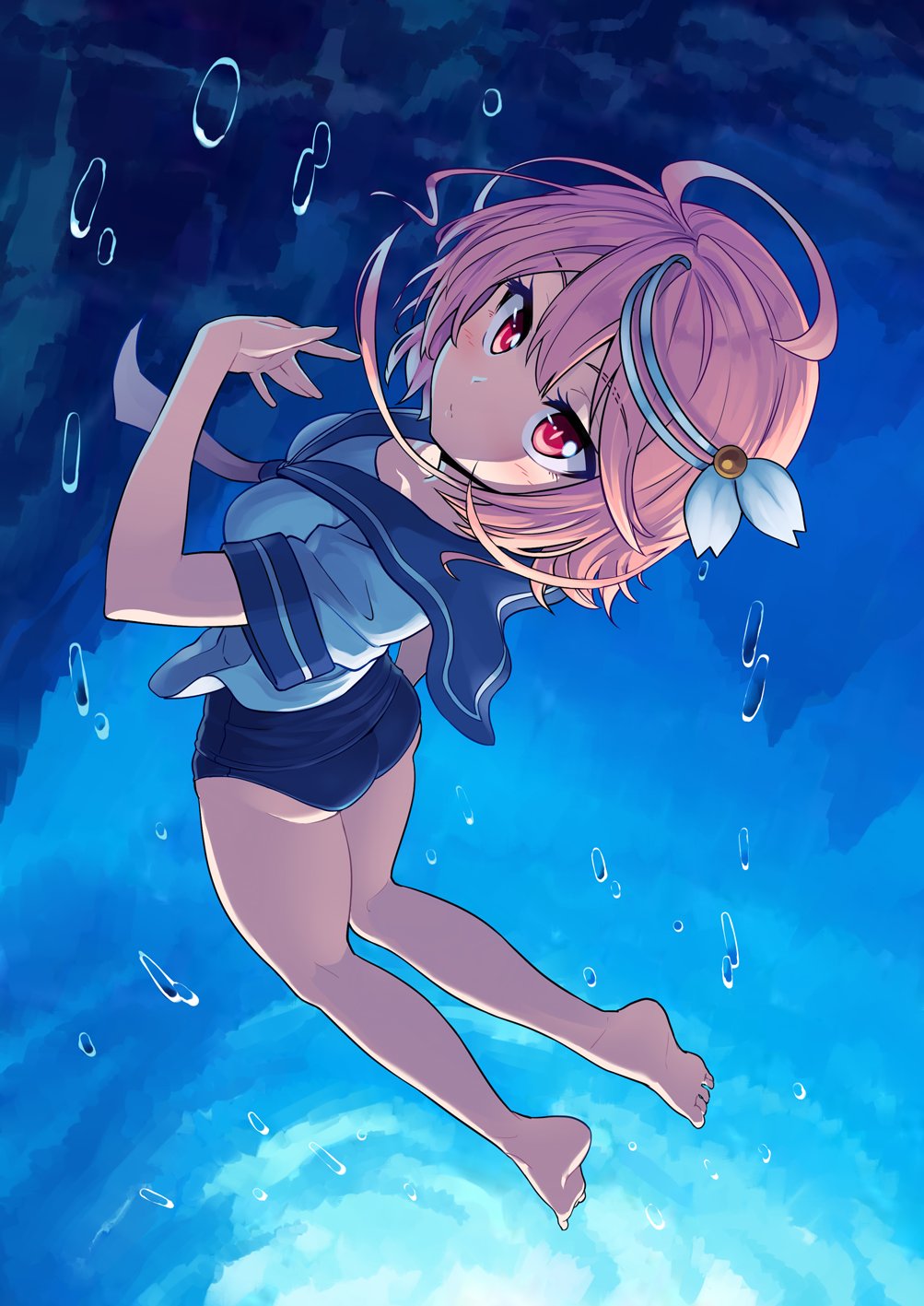 1girl ahoge air_bubble ass bare_legs barefoot blue_swimsuit blush closed_mouth collarbone eyebrows eyebrows_visible_through_hair from_above hair_ornament highres i-58_(kantai_collection) kantai_collection kneepits looking_up omaru_gyuunyuu pink_hair red_eyes school_swimsuit school_uniform serafuku short_hair short_sleeves solo submerged swimsuit underwater upside-down water