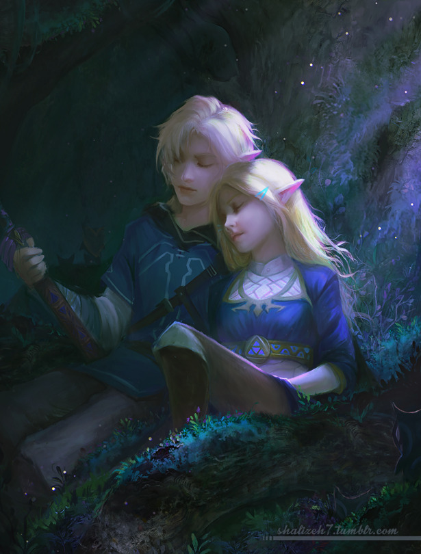 1boy 1girl against_tree blonde_hair boots closed_eyes couple forest grass hair_ornament hairclip knee_up korok leaning_on_person light light_particles link long_hair master_sword moss nature nintendo plant pointy_ears princess_zelda realistic scabbard shade shalizeh7 sheath short_hair sleeping sleeping_on_person strap sword the_legend_of_zelda the_legend_of_zelda:_breath_of_the_wild tree triforce weapon