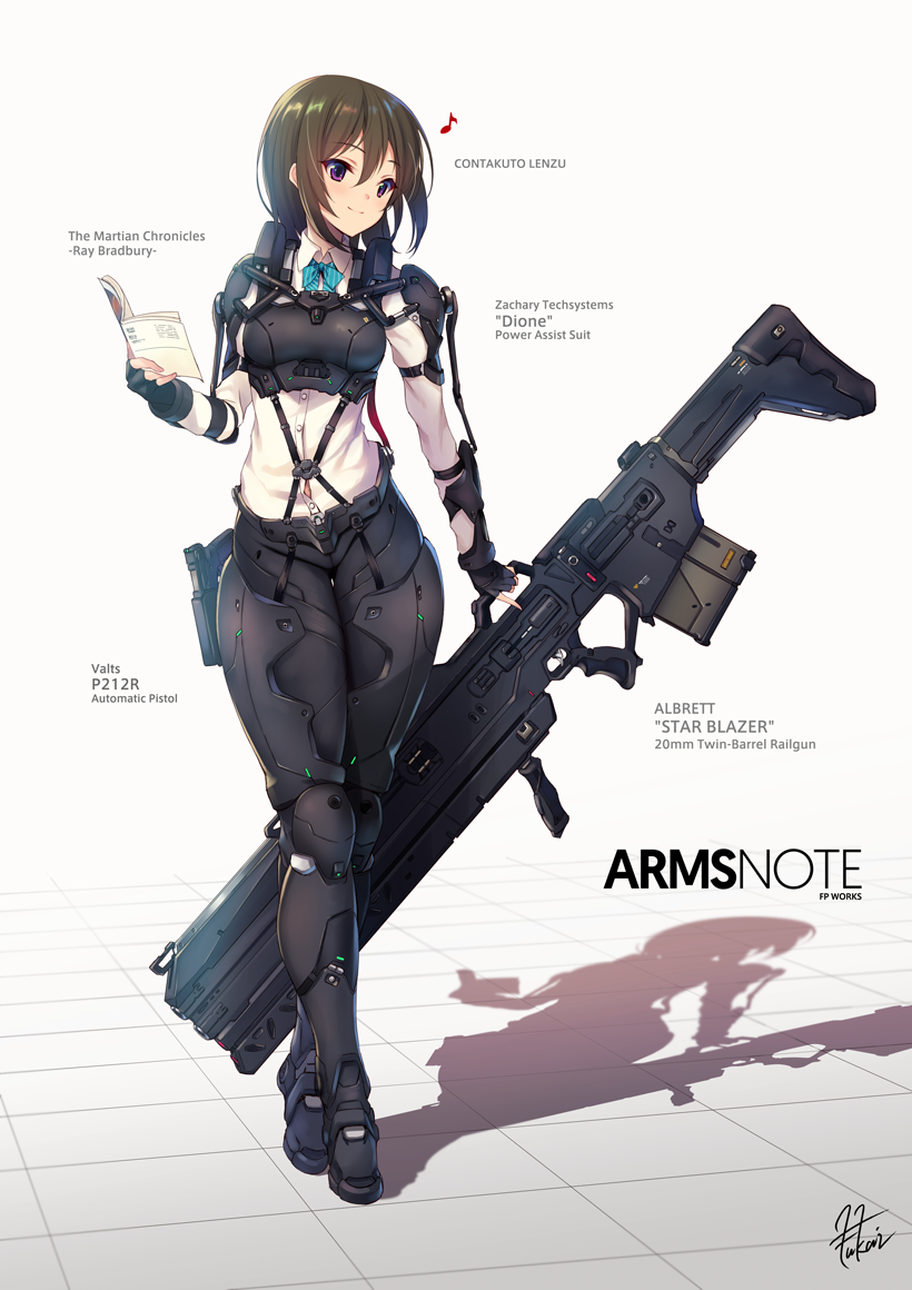 1girl arm_at_side arm_belt arm_grab armor armored_boots bangs belt black_gloves black_pants blue_bow blue_bowtie blush book boots bow bowtie breastplate brown_hair buttons closed_mouth collared_shirt dress_shirt fingerless_gloves fukai_ryousuke full_body gloves gun hair_between_eyes handgun holding holding_book holding_gun holding_weapon holster humming long_sleeves looking_at_viewer musical_note open_book original pants pauldrons pistol quaver shadow shirt short_hair signature smile solo striped striped_bow striped_bowtie suspenders thigh_gap tile_floor tiles violet_eyes walking weapon white_shirt
