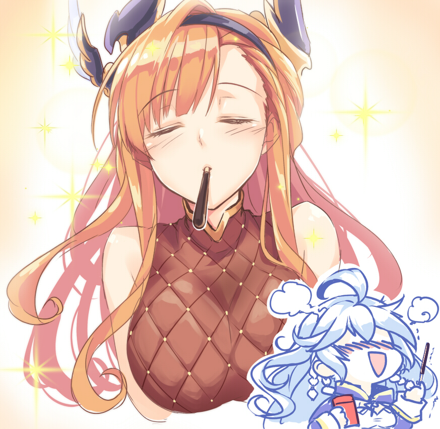 2girls :d ahoge bare_shoulders blush breasts closed_eyes food food_in_mouth granblue_fantasy hairband headgear imagining incoming_pocky_kiss large_breasts long_hair mouth_hold multiple_girls nose_blush okitakung open_mouth orange_hair pocky sidelocks silva_(granblue_fantasy) smile song_(granblue_fantasy) sparkle steaming_body upper_body yuri