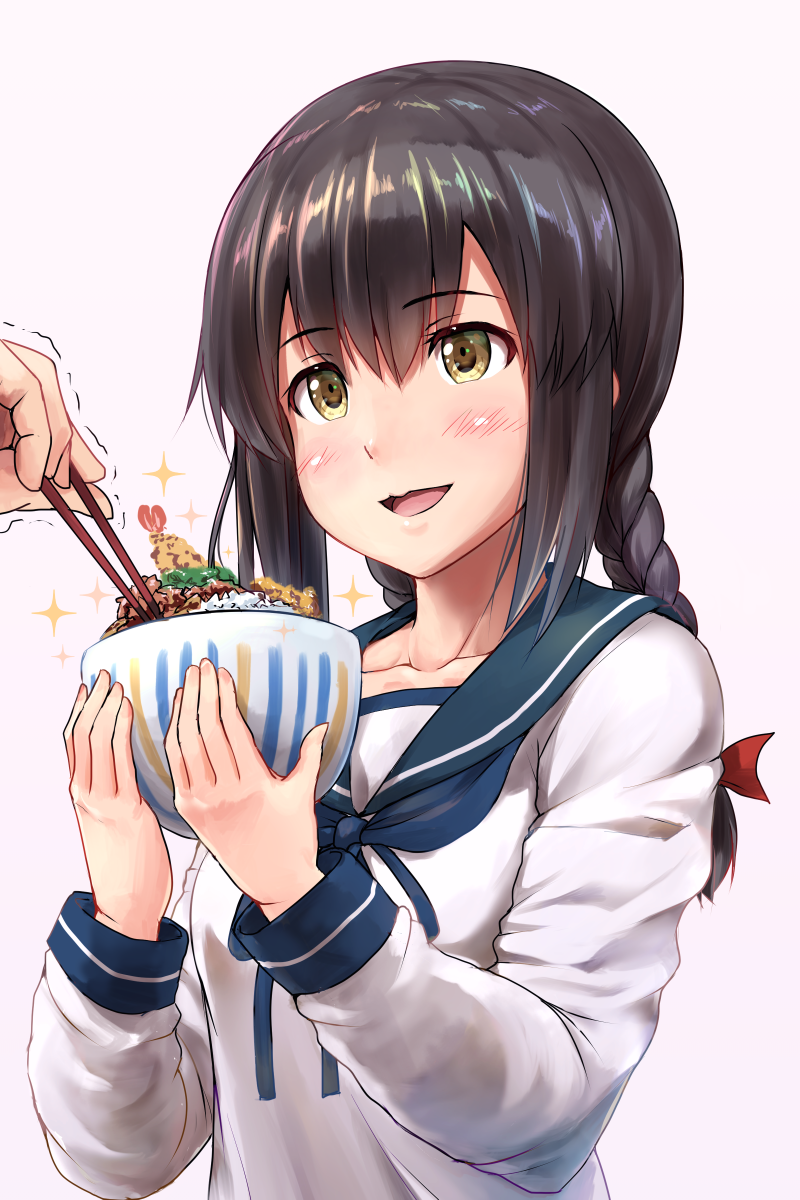 1girl bowl braid brown_hair chopsticks collarbone eyebrows eyebrows_visible_through_hair food hair_between_eyes highres ichikawa_feesu isonami_(kantai_collection) kantai_collection long_hair long_sleeves open_mouth school_uniform shirt simple_background white_background white_shirt yellow_eyes