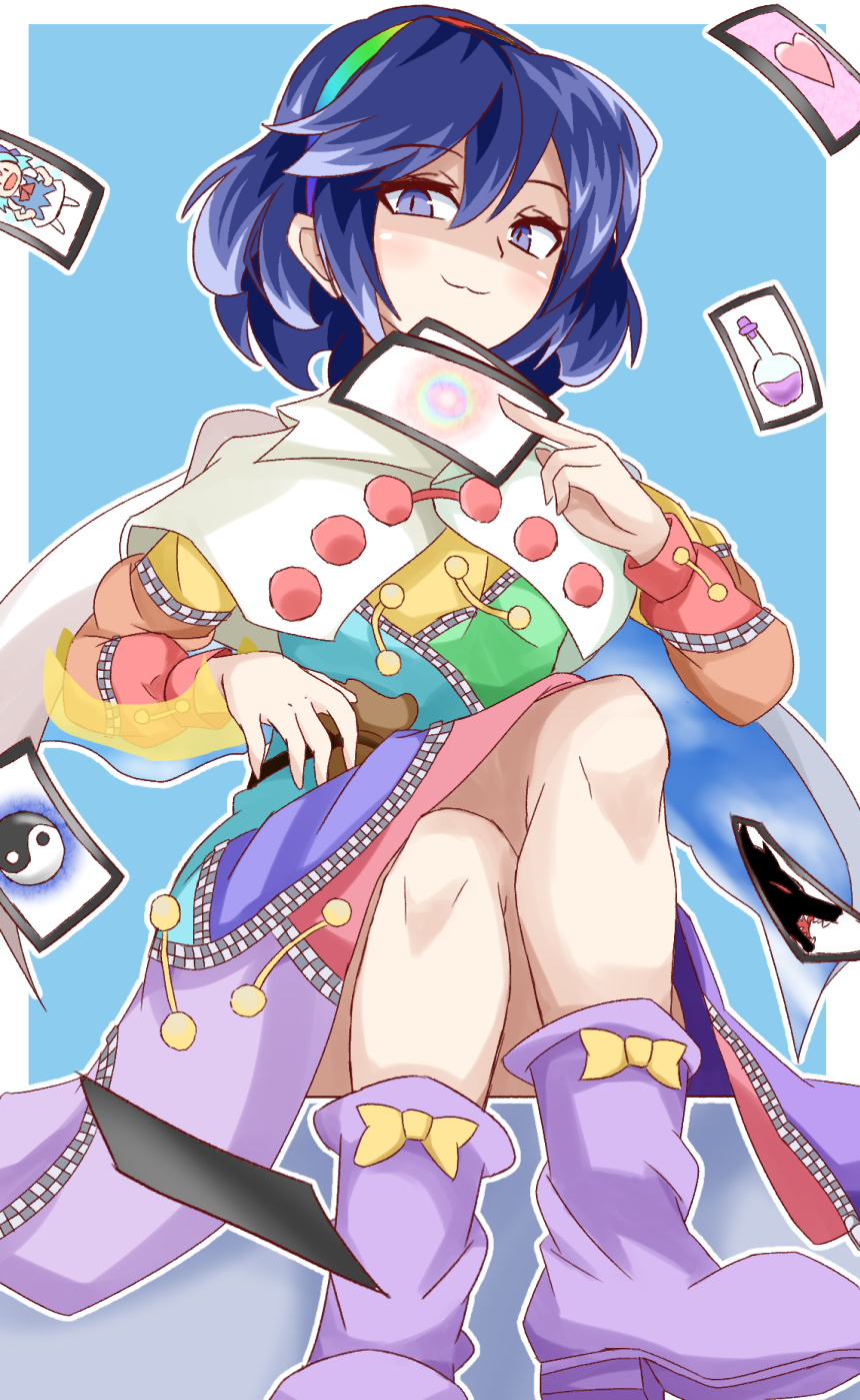 1girl :3 bangs blue_background blue_hair boots border bow card cirno cloak closed_mouth crossed_legs eyebrows_visible_through_hair footwear_bow hair_between_eyes heart highres holding holding_card kakineko looking_at_viewer multicolored_clothes multicolored_hairband patchwork_clothes potion purple_footwear short_hair simple_background sky_print smile solo tenkyuu_chimata touhou white_border wolf yellow_bow yin_yang