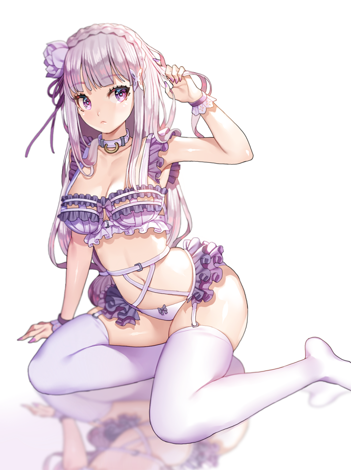 1girl :&lt; adapted_costume arm_support bangs belt blurry blush bow bow_bra bra braid breasts cleavage closed_mouth collar crown_braid depth_of_field elf emilia_(re:zero) eyebrows eyebrows_visible_through_hair flower frilled_bra frills ganik_(pisshine) garter_straps hair_flower hair_ornament hair_ribbon holding holding_hair jewelry long_hair looking_at_viewer medium_breasts nail_polish no_shoes panties pointy_ears purple_bow purple_nails purple_ribbon re:zero_kara_hajimeru_isekai_seikatsu reflection ribbon ring shiny shiny_skin showgirl_skirt silver_hair sitting solo thigh-highs underwear underwear_only violet_eyes white_background white_flower white_legwear white_panties wrist_cuffs yokozuwari