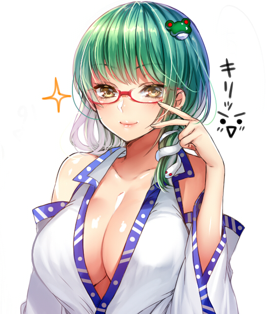 1girl bare_shoulders bespectacled blush breasts cleavage closed_mouth collarbone detached_sleeves frog_hair_ornament glasses green_hair hair_ornament japanese_clothes kanzaki_maguro kochiya_sanae large_breasts long_hair long_sleeves looking_at_viewer miko red-framed_eyewear semi-rimless_glasses smile snake_hair_ornament solo touhou under-rim_glasses upper_body white_background wide_sleeves yellow_eyes