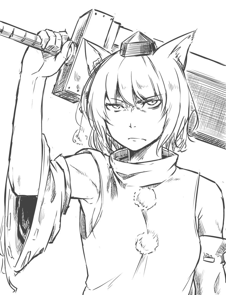 &gt;:( 1girl animal_ears arm_up armpits bare_shoulders detached_sleeves half-closed_eyes hat high_collar holding holding_sword holding_weapon huge_weapon inubashiri_momiji looking_at_viewer m92fs monochrome pom_pom_(clothes) shirt solo sword tokin_hat touhou upper_body weapon wide_sleeves wolf_ears