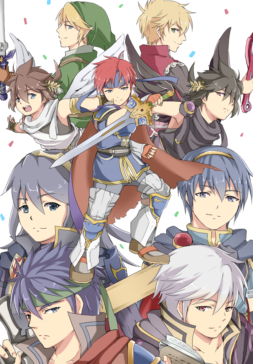 1girl blonde_hair blue_eyes blue_hair dark_pit fire_emblem fire_emblem:_kakusei fire_emblem:_mystery_of_the_emblem fire_emblem:_rekka_no_ken fire_emblem:_souen_no_kiseki headband highres ike kid_icarus kid_icarus_uprising kirby_(series) koineko_(aph0310) link long_hair lucina male_my_unit_(fire_emblem:_kakusei) marth meta_knight multiple_boys my_unit_(fire_emblem:_kakusei) pit_(kid_icarus) redhead roy_(fire_emblem) short_hair shulk super_smash_bros. the_legend_of_zelda the_legend_of_zelda:_twilight_princess white_hair wings xenoblade