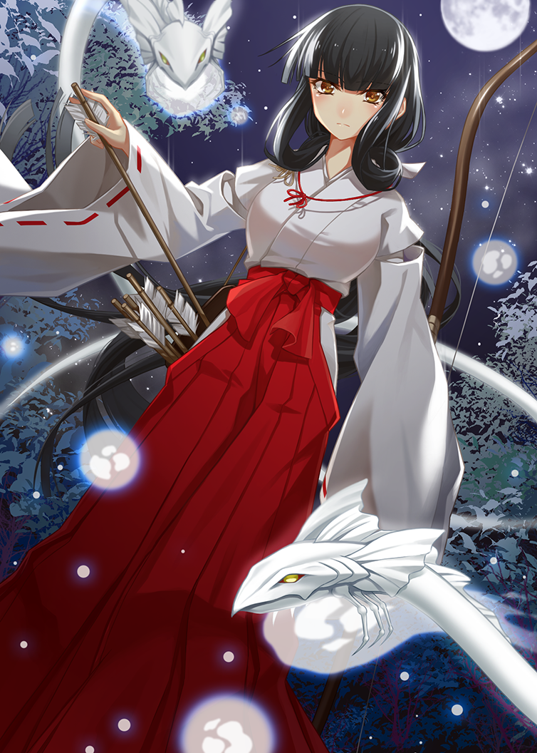 1girl black_hair bow_(weapon) brown_eyes cross_akiha inuyasha japanese_clothes kikyou_(inuyasha) long_hair looking_at_viewer miko red_hakama solo weapon