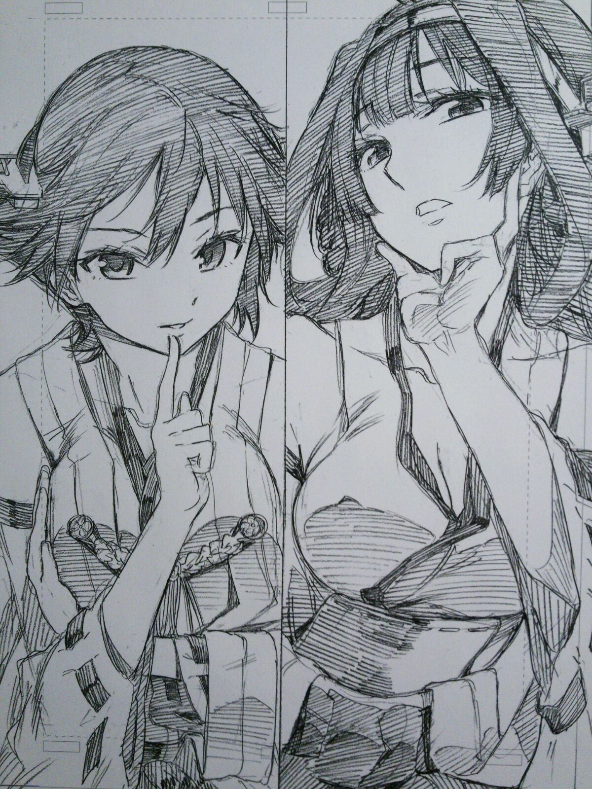 2girls ahoge bad_hands bare_shoulders breasts cleavage detached_sleeves double_bun flipped_hair hair_between_eyes hairband hiei_(kantai_collection) highres index_finger_raised japanese_clothes kantai_collection kojima_takeshi kongou_(kantai_collection) lips long_hair looking_at_viewer medium_breasts monochrome multiple_girls nontraditional_miko parted_lips short_hair wide_sleeves