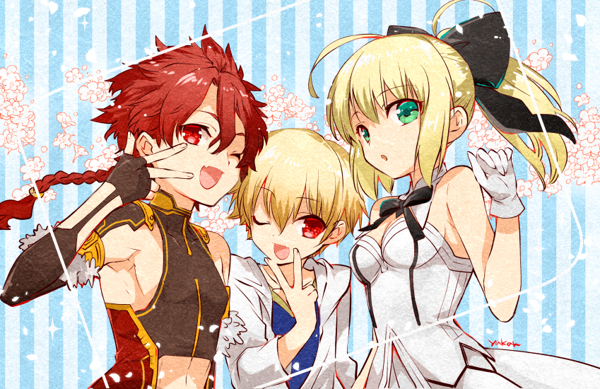 1girl 2boys ahoge alexander_(fate/grand_order) armpits bare_shoulders blonde_hair blue_background blue_shirt bow braid child child_gilgamesh dress elbow_gloves fang fate/grand_order fate/hollow_ataraxia fate/stay_night fate/unlimited_codes fate_(series) frame gilgamesh gloves green_eyes hair_bow hair_ribbon hood hooded_jacket jacket kettle21 long_hair long_sleeves midriff multiple_boys petals ponytail red_eyes redhead ribbon saber saber_lily shirt short_hair signature sleeveless sleeveless_dress smile striped tank_top upper_body vertical-striped_background vertical_stripes white_gloves younger