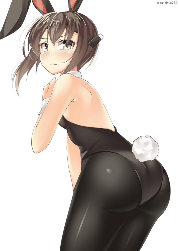 &gt;:| 1girl alternate_costume animal_ears ass bare_shoulders black_legwear blush brown_hair bunny_girl bunny_tail bunnysuit detached_collar grey_eyes headband headgear kankitsunabe_(citrus) kantai_collection leaning_forward leotard looking_at_viewer looking_back pantyhose rabbit_ears short_hair simple_background solo taihou_(kantai_collection) tail twitter_username white_background wrist_cuffs