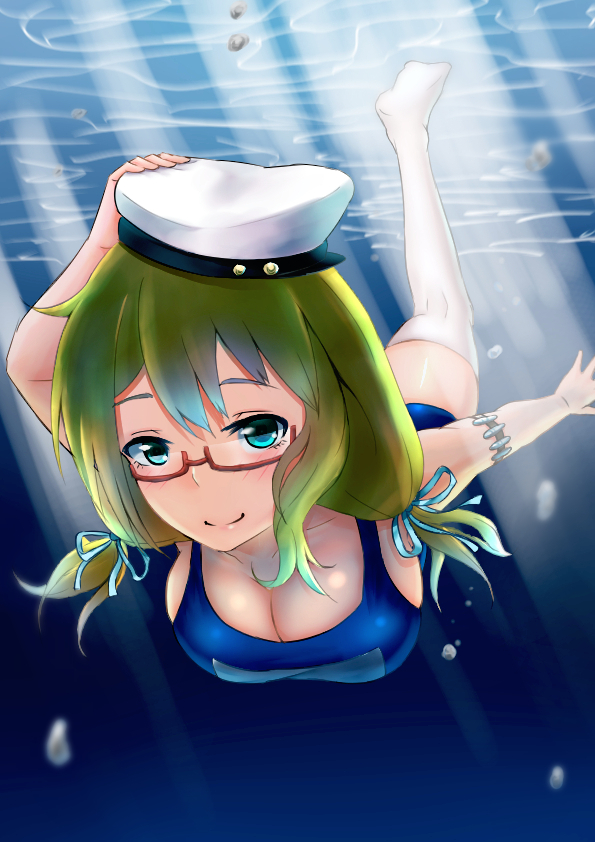 1girl adjusting_clothes adjusting_hat blonde_hair blue_eyes breasts bubble cleavage diving faitaa glasses hair_ribbon hat i-8_(kantai_collection) kantai_collection low_twintails one-piece_swimsuit peaked_cap red-framed_eyewear ribbon sailor_hat school_swimsuit semi-rimless_glasses smile solo sunlight swimsuit swimsuit_under_clothes thigh-highs twintails under-rim_glasses underwater white_legwear