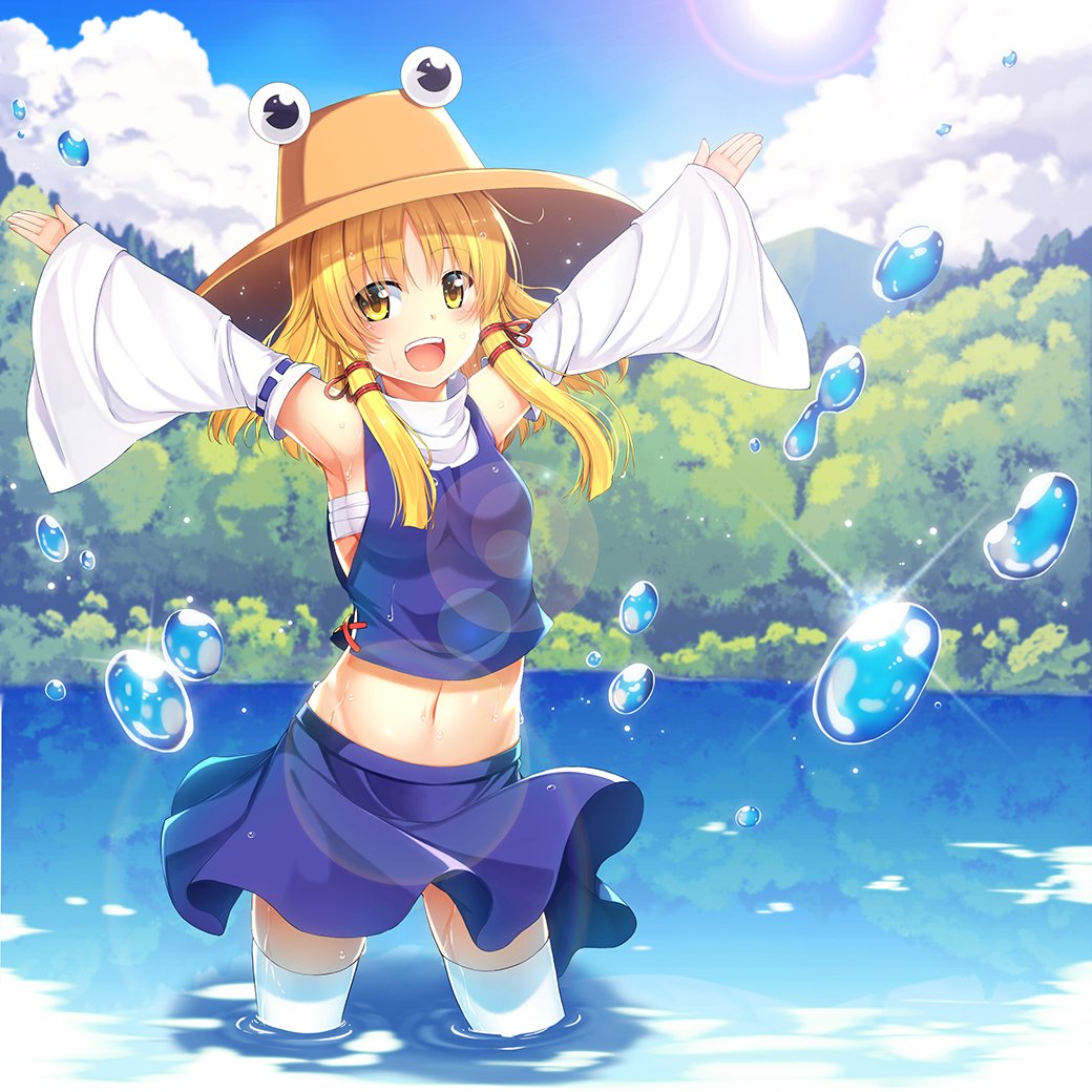 1girl :d armpits arms_up bare_shoulders benitsuki_tsubasa blonde_hair blue_shirt blue_skirt blush breasts bubble clouds cloudy_sky commentary_request cowboy_shot day detached_sleeves forest groin hair_ribbon hat lake long_hair long_sleeves looking_at_viewer medium_breasts moriya_suwako nature navel open_mouth outdoors outstretched_arms partially_submerged red_ribbon ribbon sarashi shirt sidelocks skirt skirt_set sky sleeveless sleeveless_shirt smile solo spread_arms standing stomach sunlight thigh-highs touhou tress_ribbon white_legwear wide_sleeves yellow_eyes