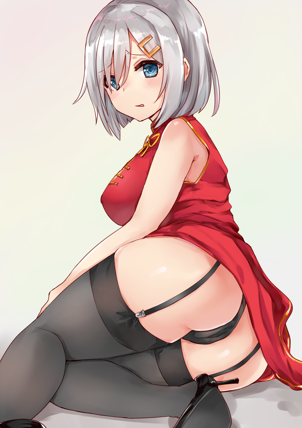 1girl ass black_panties black_shoes blue_eyes breasts check_commentary china_dress chinese_clothes chiune_(yachi) commentary_request dress eyebrows eyebrows_visible_through_hair garter_straps hair_between_eyes hair_ornament hairclip hamakaze_(kantai_collection) highres kantai_collection large_breasts looking_at_viewer panties shoes short_hair silver_hair simple_background solo thigh-highs underwear
