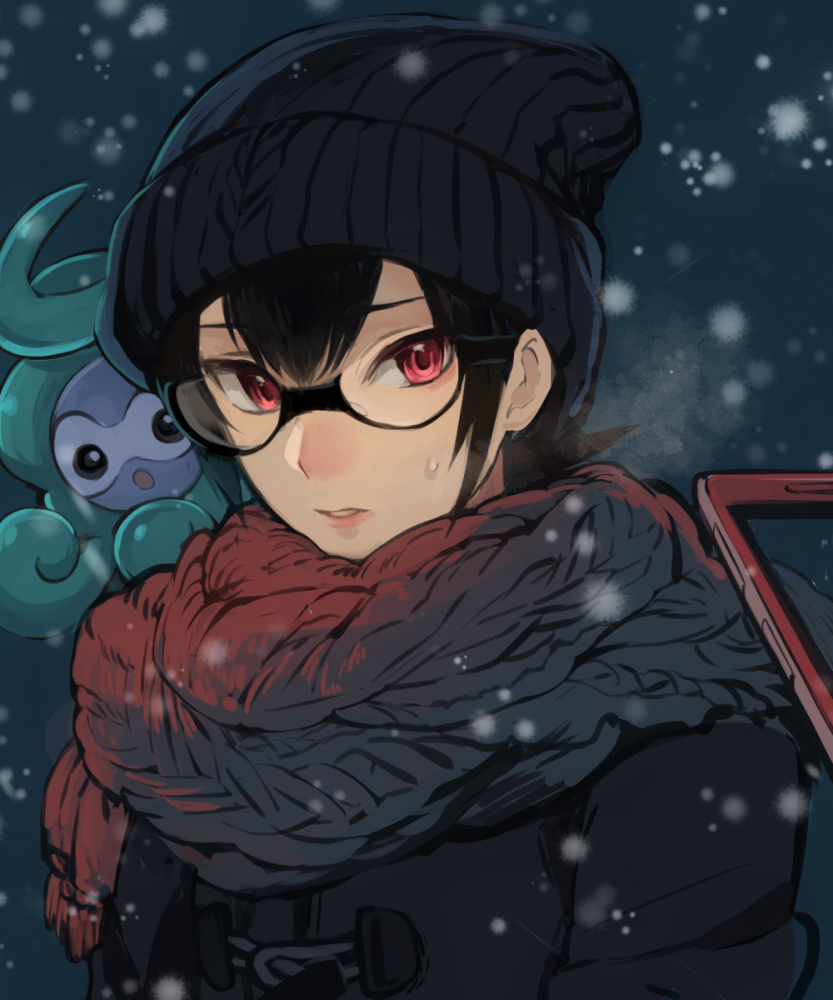 1boy :o bangs beanie black-framed_eyewear black_hat castform cellphone coat glasses hat long_hair looking_at_viewer nuku parted_lips phone pokemon pokemon_(creature) pokemon_special red_eyes ruby_(pokemon) snowing sweat upper_body winter_clothes