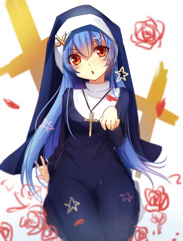 1girl :o arm_support black_dress blue_hair blue_hat blush breasts commentary_request cross cross_necklace dress hair_between_eyes hamster_(hanmster) hat jewelry looking_at_viewer necklace nun quincy_(zhan_jian_shao_nyu) red_eyes seiza sitting solo star zhan_jian_shao_nyu