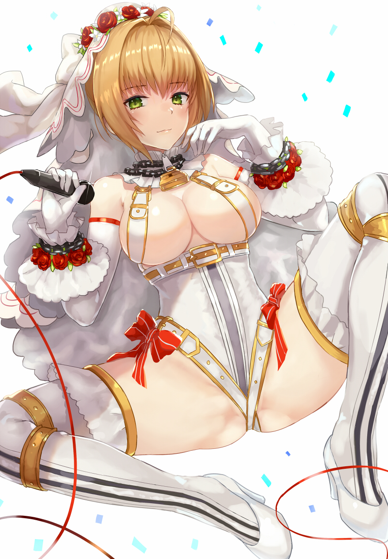 1girl ahoge belt blonde_hair blush bow breasts bridal_veil chain cleavage confetti detached_collar detached_sleeves fate/extra fate/extra_ccc fate/grand_order fate_(series) flower gloves green_hair hair_intakes high_heels holding_microphone jilllxlxl large_breasts leotard lock looking_at_viewer microphone padlock red_bow red_rose revealing_clothes rose saber_bride saber_extra shoes short_hair sitting smile solo spread_legs thigh-highs under_boob veil white_background white_gloves white_legwear white_shoes