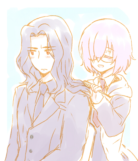1boy 1girl berserker_(fate/zero) comb combing fate/grand_order fate/zero fate_(series) father_and_daughter formal glasses hair_over_one_eye long_hair necktie purple_hair shielder_(fate/grand_order) short_hair suit