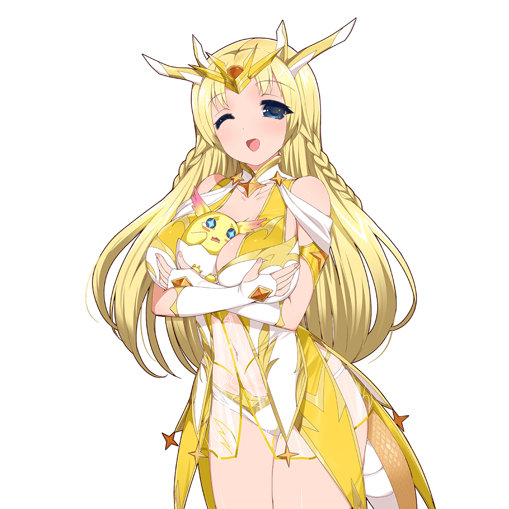 1girl between_legs blonde_hair blue_eyes braid breasts character_request cowboy_shot creature crossed_arms full_body kusaka_souji large_breasts long_hair official_art one_eye_closed open_mouth solo tail uchi_no_hime-sama_ga_ichiban_kawaii