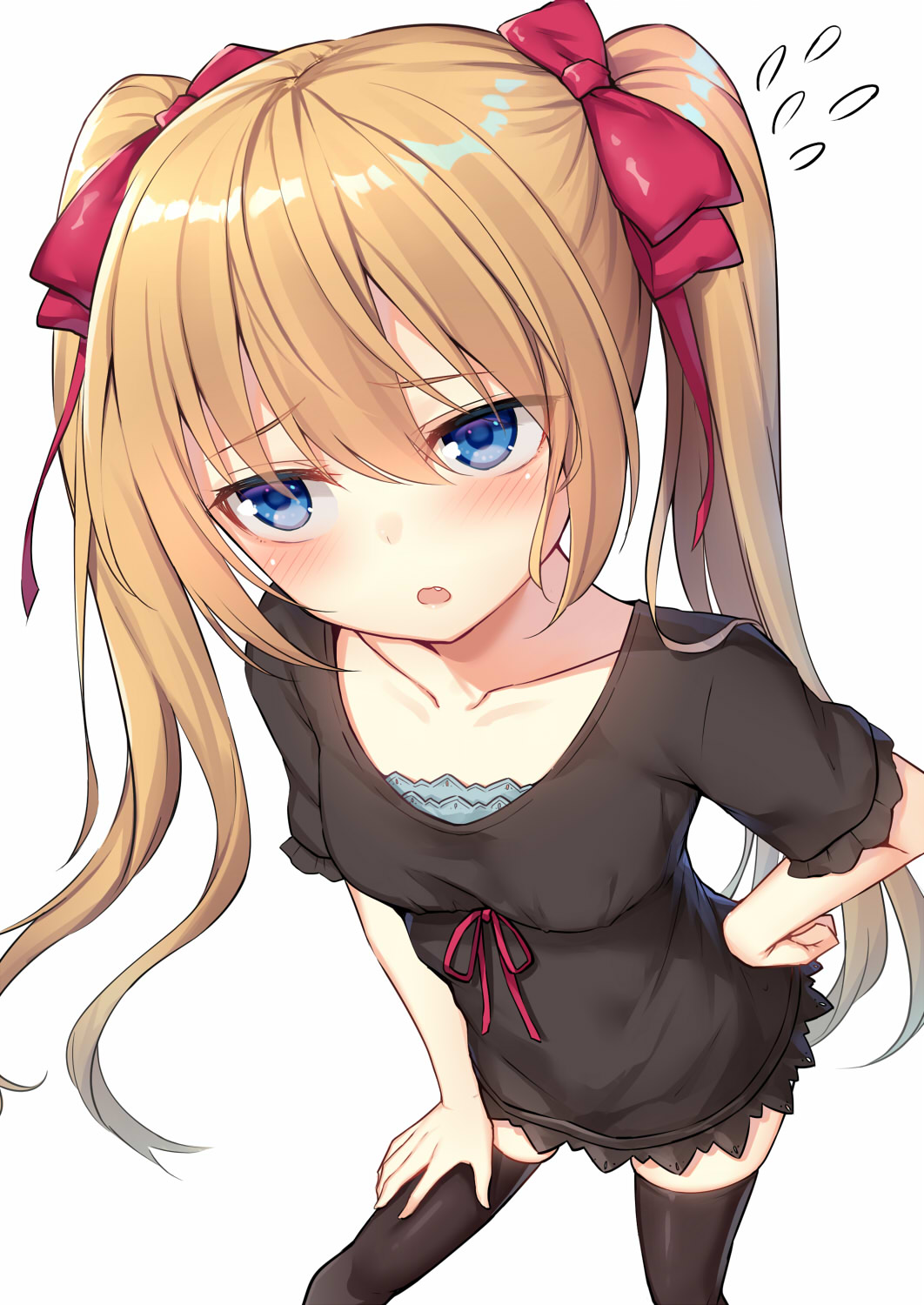 1girl alexmaster black_legwear blonde_hair blue_eyes blush bow fang hair_bow hand_on_hip highres long_hair original red_bow simple_background solo thigh-highs twintails white_background