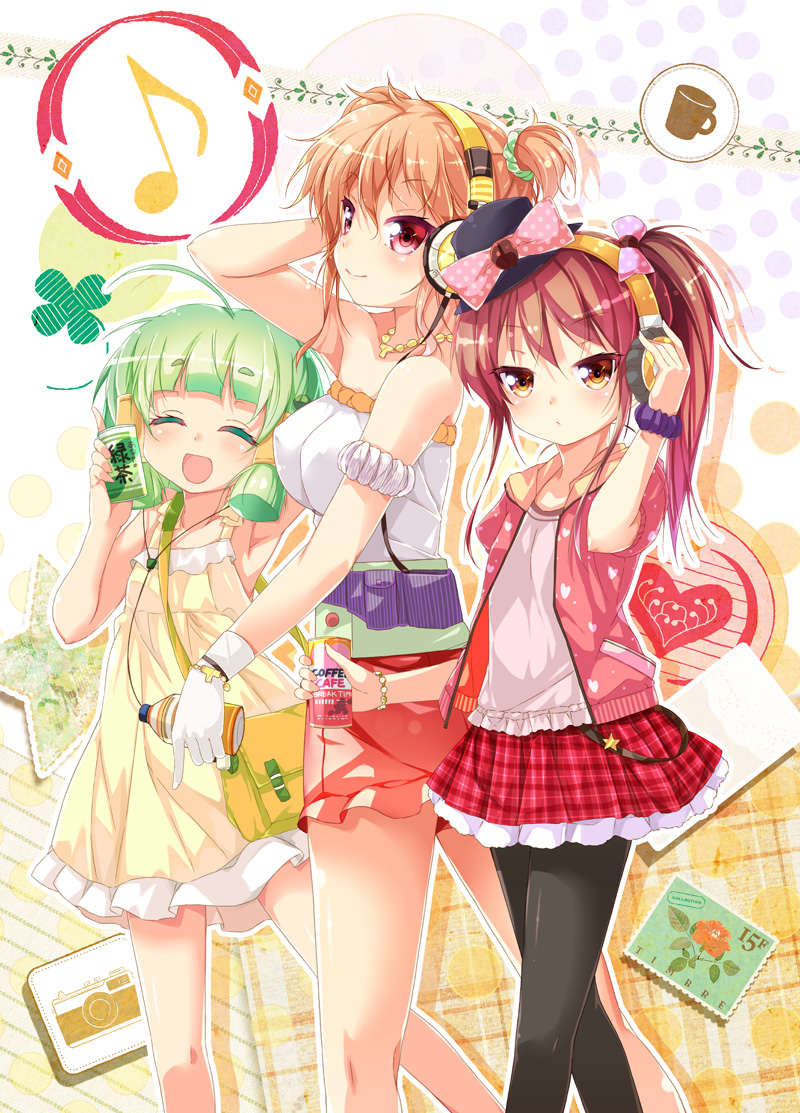 3girls :d ^_^ ahoge arm_scrunchie bag bangs bare_shoulders black_legwear blonde_hair blunt_bangs bottle bow brown_hair cafe-chan_to_break_time cafe_(cafe-chan_to_break_time) camera canned_coffee closed_eyes clover coffee_bean_hair_ornament coffee_mug commentary_request cover dress frilled_dress frills gloves green_hair green_tea hair_bow hair_tubes hand_on_headphones hat headphones heart heart_print index_finger_raised jacket jewelry long_hair looking_at_viewer midori_(cafe-chan_to_break_time) multiple_girls musical_note necklace open_mouth pantyhose pink_bow plaid plaid_skirt polka_dot polka_dot_bow porurin_(do-desho) postage_stamp print_hoodie quaver red_eyes scrunchie short_hair short_sleeves shoulder_bag side_ponytail sidelocks skirt smile star strapless tea tea_(cafe-chan_to_break_time) tsurime twintails wrist_scrunchie yellow_dress