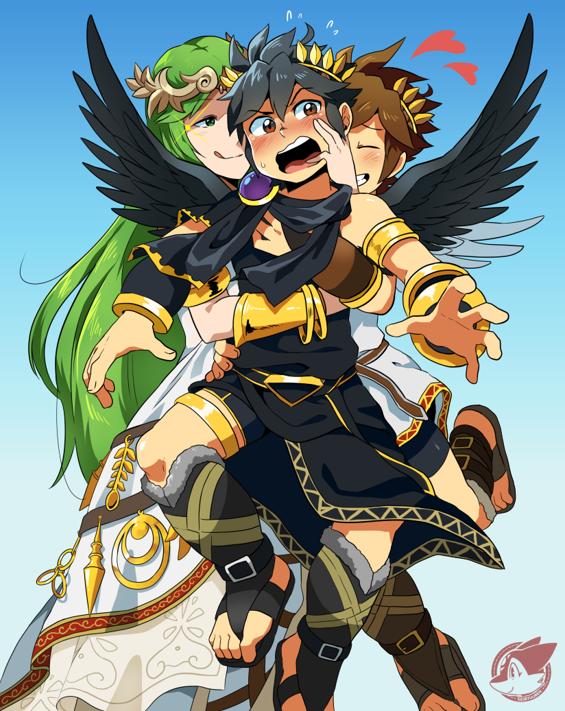 1girl 2boys armlet artist_name black_hair black_shorts black_wings blue_background blush bracelet bracer brooch brown_eyes brown_hair dark_pit feathered_wings gradient gradient_background green_eyes green_hair grin heart jewelry kid_icarus long_hair multiple_boys open_mouth palutena pit_(kid_icarus) sandals sei_(seiryuuden) shorts sleeveless smile sparkle tiara toga tongue tongue_out watermark wavy_mouth white_wings wings