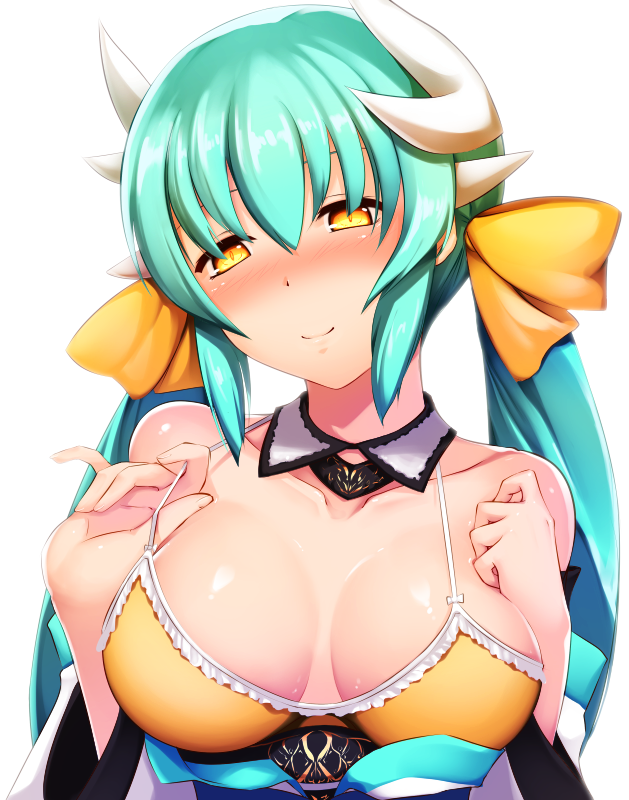 1girl aqua_hair bangs bare_shoulders blush bow breast_suppress breasts closed_mouth collarbone detached_collar detached_sleeves fate/grand_order fate_(series) fingernails hair_bow half-closed_eyes haribote headband holding horns japanese_clothes kimono kiyohime_(fate/grand_order) large_breasts lifted_by_self long_hair looking_at_viewer obi pinky_out sash shade shiny shiny_skin sidelocks slit_pupils smile solo spaghetti_strap strap_lift twintails upper_body white_background yellow_bow yellow_eyes