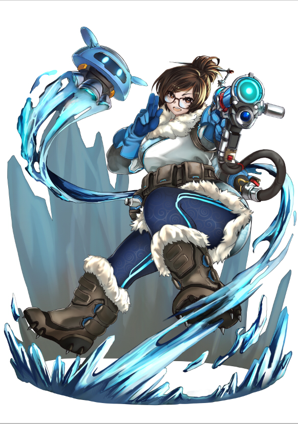 1girl belt_pouch black-framed_eyewear blue_gloves blue_pants boots brown_boots brown_eyes brown_hair drone foreshortening full_body fur_trim gloves gun hair_bun holding holding_gun holding_weapon kaori_hero leggings looking_at_viewer mei_(overwatch) open_mouth overwatch pants pointing pointing_at_viewer robe short_hair snowball_(overwatch) solo teeth weapon white_background