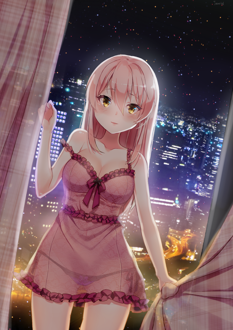 1girl black_panties breasts building chemise cleavage curtains dutch_angle eyebrows eyebrows_visible_through_hair eyelashes hair_between_eyes hair_down highres idolmaster idolmaster_cinderella_girls idolmaster_cinderella_girls_starlight_stage jewriel jougasaki_mika lingerie long_hair night panties parted_lips pink_hair see-through smile solo strap_slip underwear window yellow_eyes