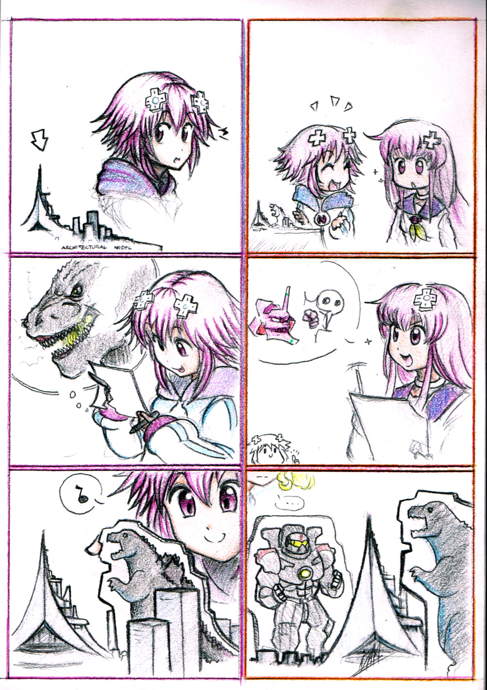 2girls comic d-pad gipsy_danger godzilla godzilla_(series) hair_ornament highres isaki_tanaka long_hair mecha monster multiple_girls nepgear neptune_(choujigen_game_neptune) neptune_(series) pacific_rim purple_hair short_hair sketch traditional_media violet_eyes