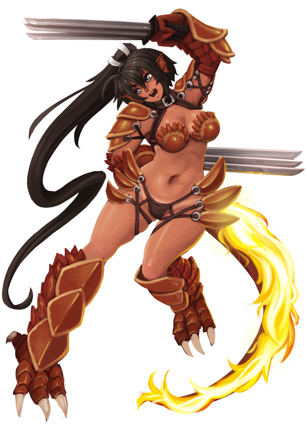 1girl alternate_eye_color alternate_hair_color alternate_hairstyle alternate_weapon arm_behind_back barbariank between_fingers black_hair blue_eyes breasts claws cleavage collar fiery_tail full_body head_fins highres lizard_tail long_hair medium_breasts monster_girl monster_girl_encyclopedia multiple_wielding navel open_mouth pauldrons paws ponytail salamander_(monster_girl_encyclopedia) solo sword tan tanline transparent_background vambraces very_long_hair weapon