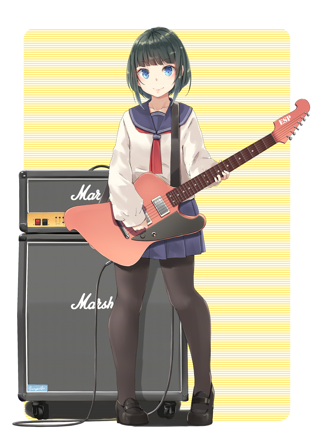 1girl amplifier black_hair black_legwear black_shoes blouse blue_skirt cable closed_mouth electric_guitar full_body funyariko guitar highres holding_instrument horizontal_stripes instrument loafers long_sleeves looking_at_viewer marshall neckerchief original pantyhose pleated_skirt rounded_corners school_uniform serafuku shiny shiny_hair shoes short_hair skirt sleeves_past_wrists smile solo standing striped striped_background two-tone_background white_background white_blouse yellow_background