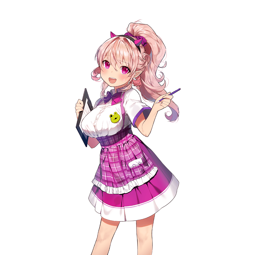 1girl demon_horns fake_horns high_ponytail holding horns long_hair looking_at_viewer menu official_art open_mouth pencil pink_eyes pink_hair pointy_ears short_sleeves solo sukja transparent_background underbust waitress white_background