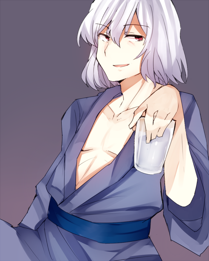 1boy bangs collarbone cup drinking_glass holding japanese_clothes jirou_(tamaho39) kimono looking_to_the_side open_clothes open_kimono red_eyes simple_background solo toono_shiki_(2) tsukihime white_hair