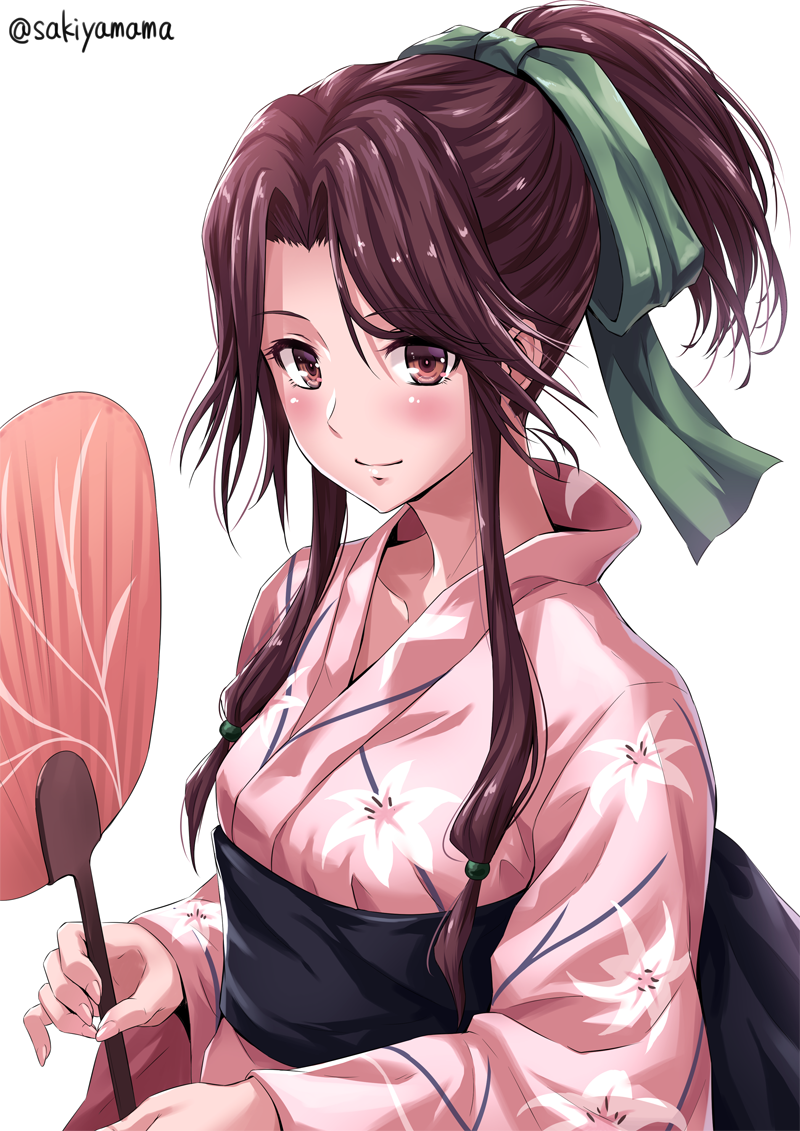 1girl alternate_costume auburn_hair breasts brown_eyes closed_mouth collarbone commentary_request eyebrows eyebrows_visible_through_hair fan fingernails floral_print hair_intakes japanese_clothes jintsuu_(kantai_collection) kantai_collection kimono long_hair looking_at_viewer obi paper_fan pink_kimono ponytail sakiyamama sash simple_background smile solo twitter_username white_background yukata