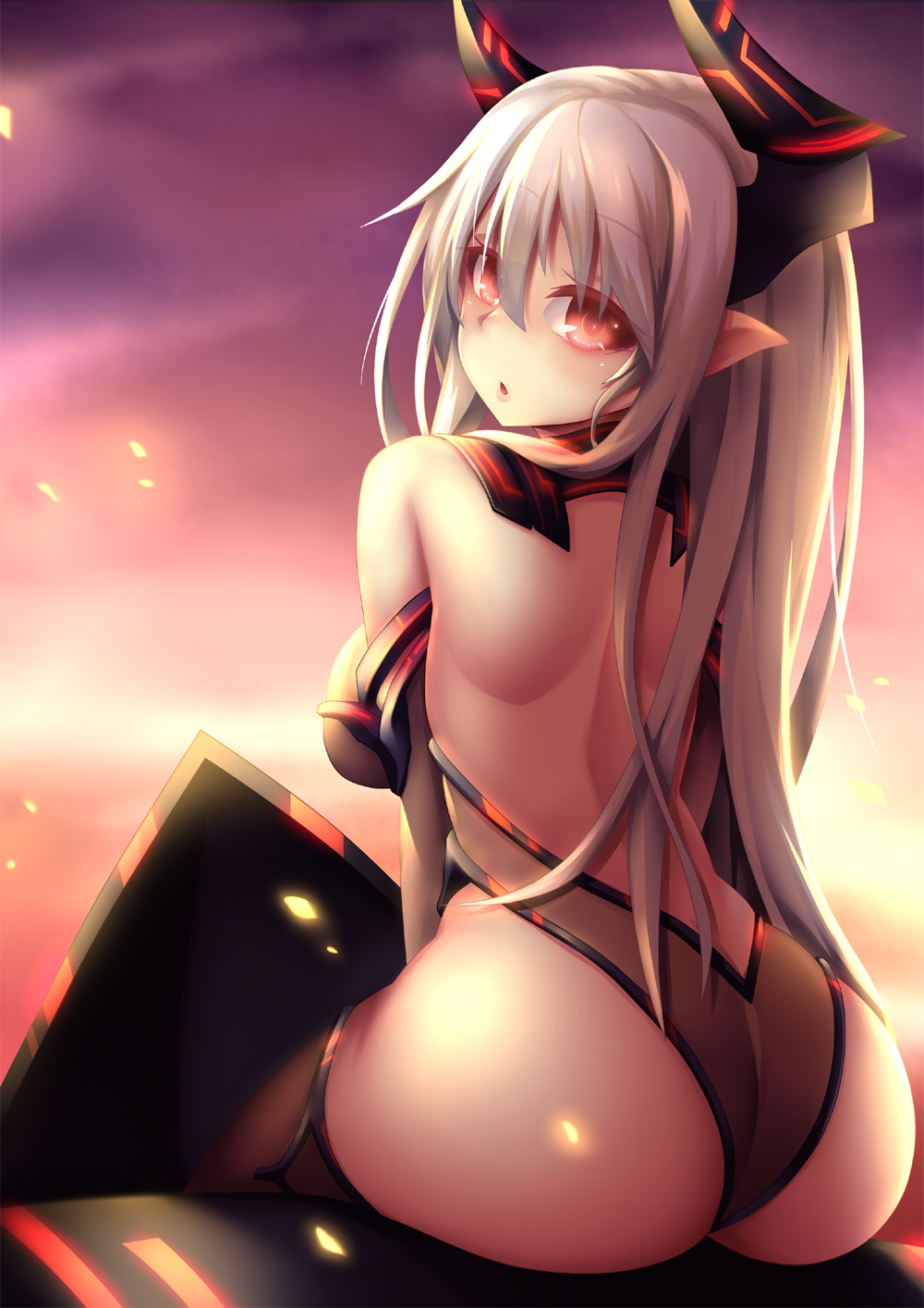 1girl ass back breasts colo_mag-chan fi-san granblue_fantasy highres horns long_hair looking_at_viewer looking_back pointy_ears red_eyes silver_hair solo sunset