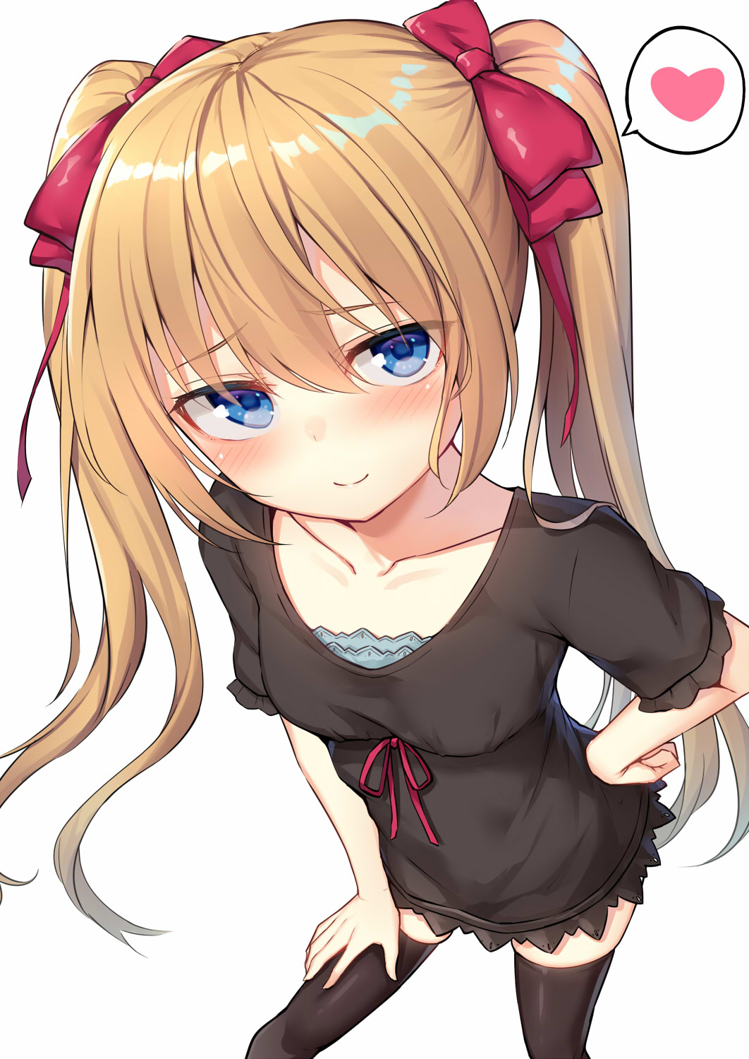 1girl alexmaster black_legwear blonde_hair blue_eyes blush bow hair_bow hand_on_hip heart highres long_hair original red_bow simple_background smile solo speech_bubble spoken_heart thigh-highs twintails white_background