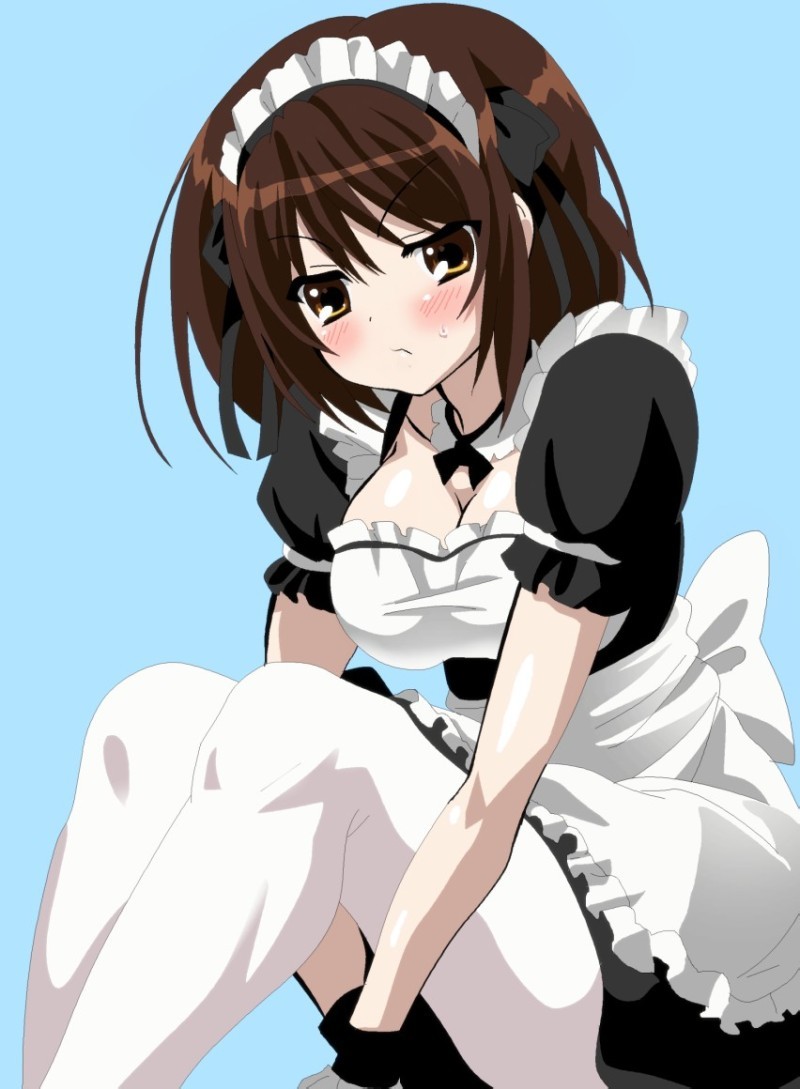 1girl alternate_costume brown_eyes brown_hair enmaided hairband maid maid_headdress momoiro_tanuki short_hair sitting suzumiya_haruhi suzumiya_haruhi_no_yuuutsu white_legwear