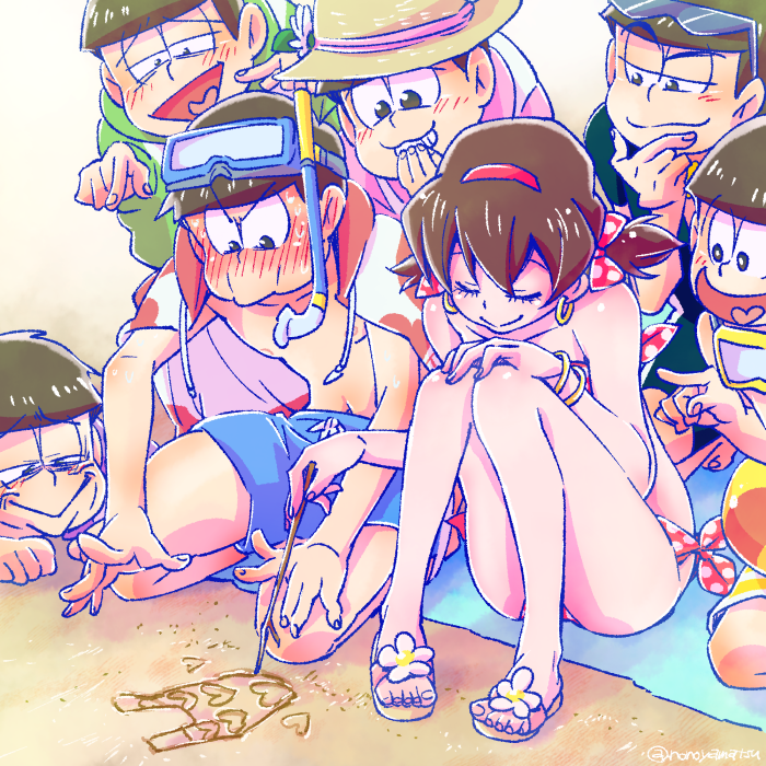 6+boys bikini blush bowl_cut brothers brown_hair chin_stroking closed_eyes drawing earrings embarrassed goggles hairband hat hood hoodie hoop_earrings innertube jacket_on_shoulders jewelry kneeling laughing male_swimwear matsuno_choromatsu matsuno_ichimatsu matsuno_juushimatsu matsuno_karamatsu matsuno_osomatsu matsuno_todomatsu multiple_boys nono_(nonoyamatsu) osomatsu-kun osomatsu-san pointing sand sand_writing sandals sextuplets short_twintails siblings side-tie_bikini snorkel squatting straw_hat sun_hat sunglasses sunglasses_on_head swim_trunks swimsuit swimwear twintails twitter_username yowai_totoko