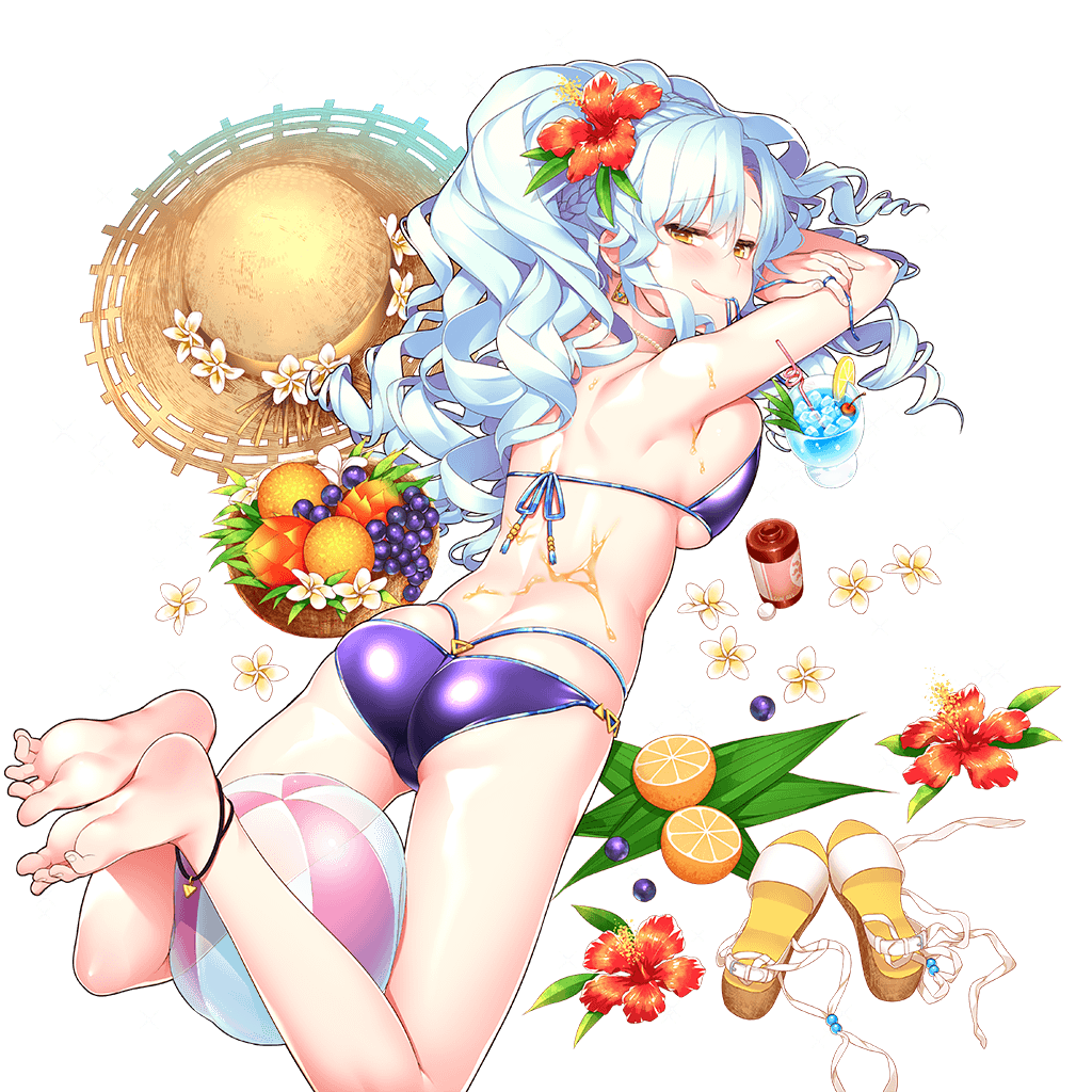 1girl ass ball barefoot beachball between_legs bikini braid breasts character_request drink flower food fruit fruit_bowl giuniu hat large_breasts light_blue_hair looking_at_viewer looking_back lotion naughty_face official_art orange original shoes_removed silver_hair smile solo straw_hat sunscreen swimsuit transparent_background uchi_no_hime-sama_ga_ichiban_kawaii yellow_eyes