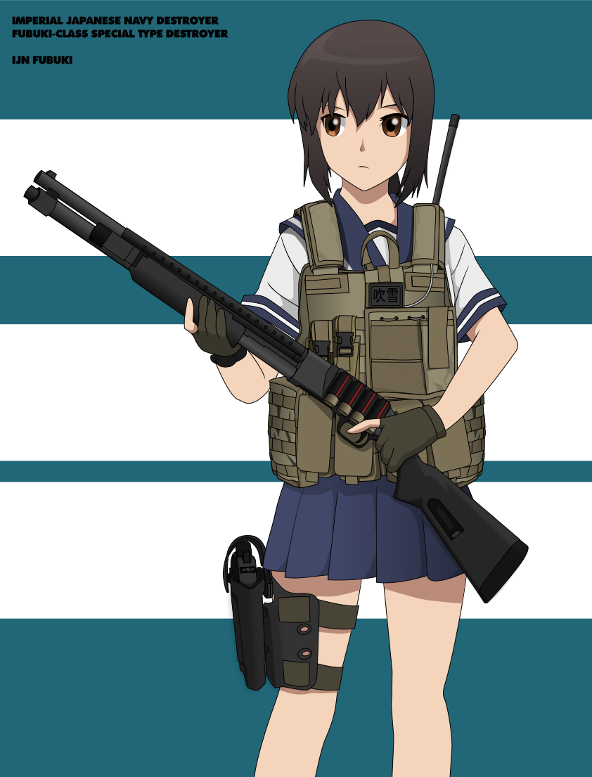 1girl black_hair brown_eyes character_name erika_kurosaka fubuki_(kantai_collection) gloves gun kantai_collection long_hair low_ponytail mossberg_500 school_uniform serafuku shotgun standing vest weapon