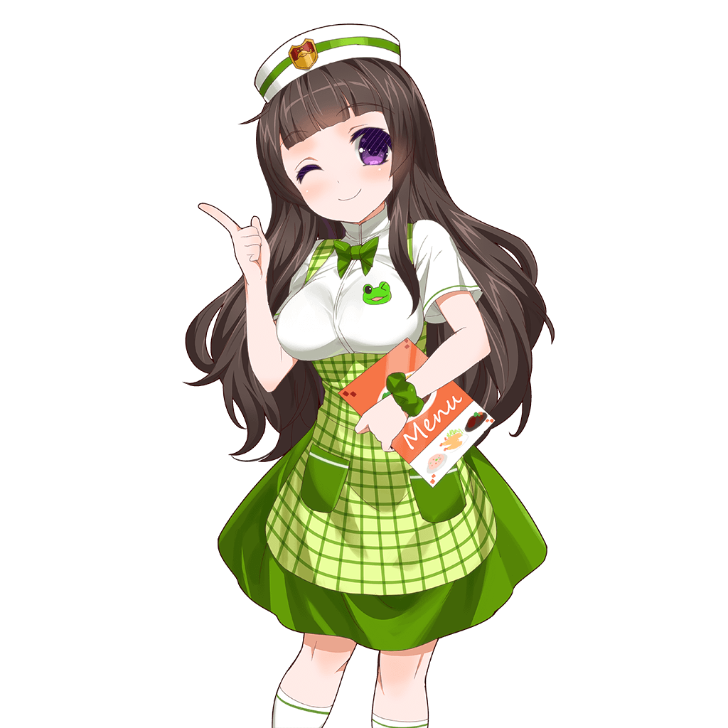 1girl bangs black_hair blunt_bangs hat holding index_finger_raised kusaka_souji long_hair looking_at_viewer menu official_art one_eye_closed short_sleeves skirt smile solo transparent_background uchi_no_hime-sama_ga_ichiban_kawaii underbust violet_eyes waitress