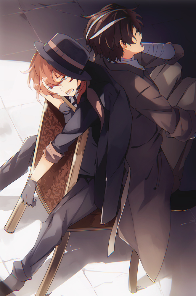 2boys bandaged_arm bandages bishounen black_gloves brown_hair bungou_stray_dogs closed_eyes dazai_osamu_(bungou_stray_dogs) gloves hat lower_teeth_only male_focus multiple_boys nakahara_chuuya open_clothes orange_hair sitting sleeves_rolled_up sunlight takerusilt teeth top_hat
