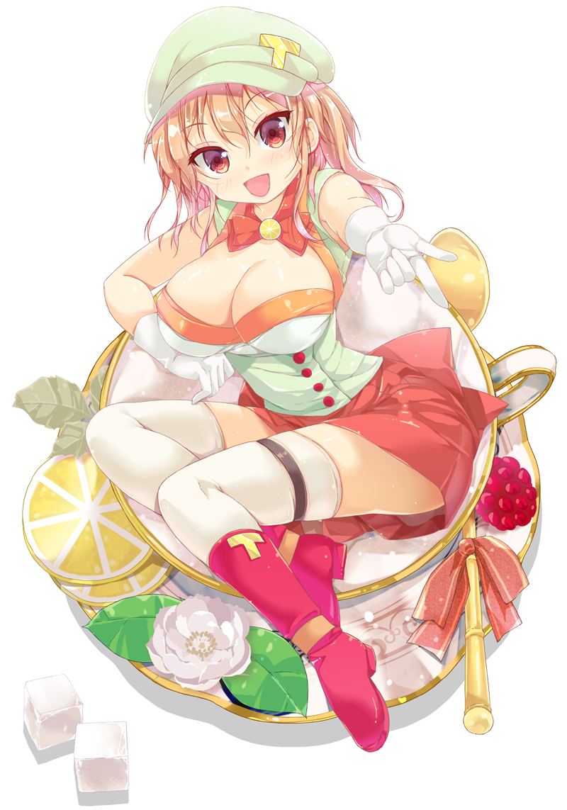 1girl :d bangs blonde_hair boots bow bowtie breasts cafe-chan_to_break_time cleavage cover cover_page doujin_cover flower food fruit gloves hair_between_eyes hat in_container knee_boots large_breasts lemon lemon_slice open_mouth outstretched_hand pink_boots porurin_(do-desho) raspberry red_bow red_bowtie red_eyes simple_background smile solo spoon sugar_cube tea_(cafe-chan_to_break_time) tea_leaves thigh-highs thigh_strap white_background white_gloves white_legwear
