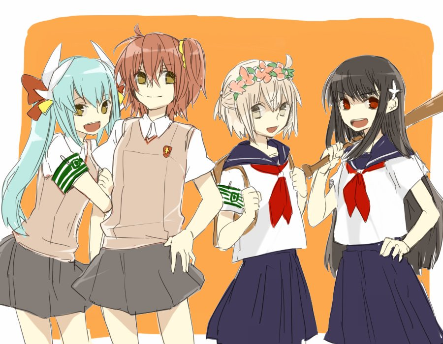 4girls arm_hug bat black_hair brown_hair demon_archer fate/grand_order fate_(series) female_protagonist_(fate/grand_order) flower green_hair hair_flower hair_ornament head_wreath kiyohime_(fate/grand_order) long_hair misaka_mikoto_(cosplay) multiple_girls red_eyes sakura_saber saten_ruiko_(cosplay) school_uniform serafuku shirai_kuroko_(cosplay) short_hair short_ponytail side_ponytail to_aru_kagaku_no_railgun to_aru_majutsu_no_index twintails uiharu_kazari_(cosplay)