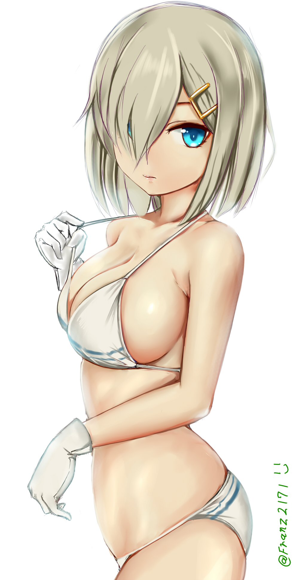 1girl =) bikini bikini_pull blue_eyes breasts collarbone franz_(217franz) from_side gloves hair_between_eyes hair_ornament hair_over_one_eye hairclip hamakaze_(kantai_collection) highres kantai_collection large_breasts looking_at_viewer shiny shiny_clothes shiny_hair shiny_skin side-tie_bikini silver_bikini silver_hair solo swimsuit twitter_username white_background white_gloves